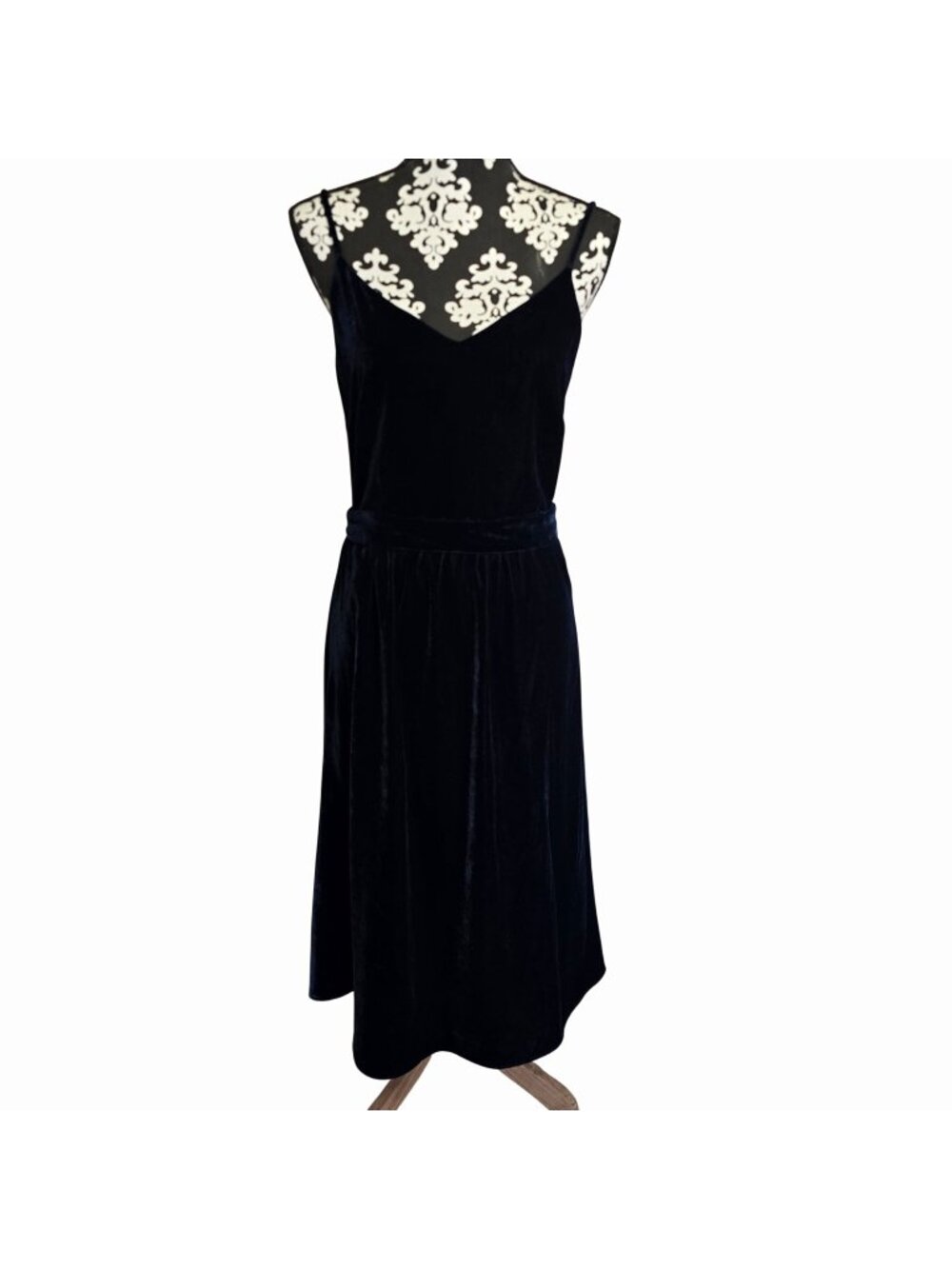 Frank And Oak Small Velvet Midi Dress Navy Blue Fitted Waist Tie Back Cocktail